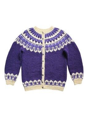 Womens HandKnit Wool Cardigan Sweater Nordic Icelandic Lopapeysa Fair Isle L /XL